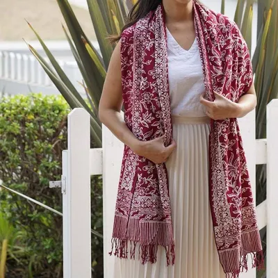 Alternate image for Handmade Batik Scarf, soft Cotton, Red White Cherish, Burgundy