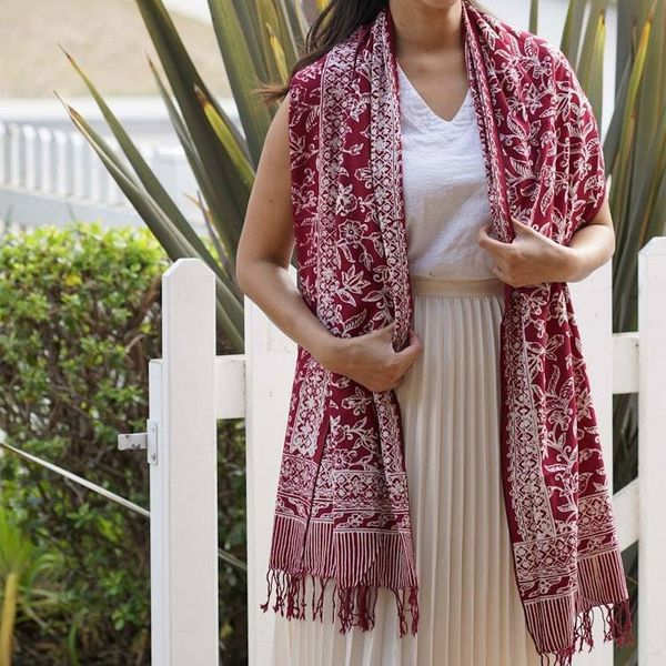 Alternate image for Handmade Batik Scarf, soft Cotton, Red White Cherish, Burgundy