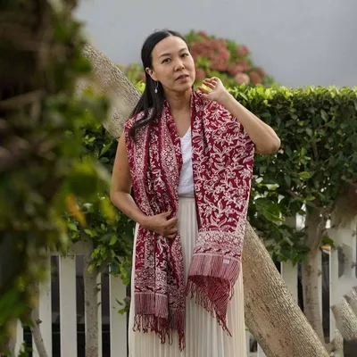 Alternate image for Handmade Batik Scarf, soft Cotton, Red White Cherish, Burgundy