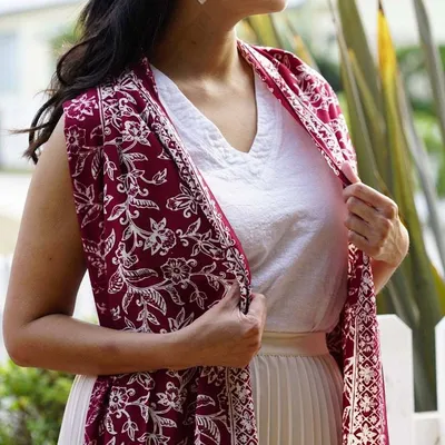 Alternate image for Handmade Batik Scarf, soft Cotton, Red White Cherish, Burgundy