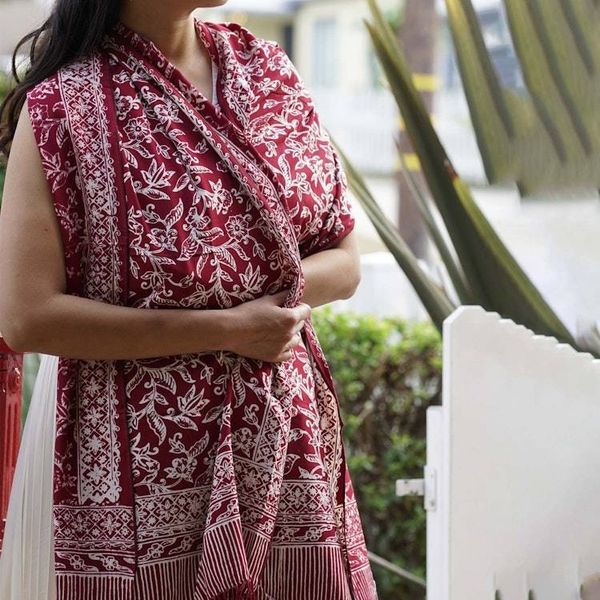 Alternate image for Handmade Batik Scarf, soft Cotton, Red White Cherish, Burgundy