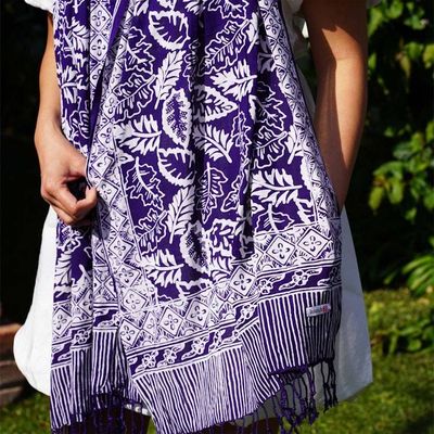 Alternate image for Hand Dyed Batik Scarf, 100% Cotton, Scarves, Bandana, Wrap , Blue Leaves