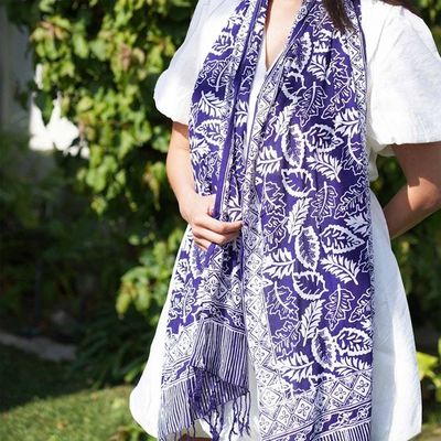 Alternate image for Hand Dyed Batik Scarf, 100% Cotton, Scarves, Bandana, Wrap , Blue Leaves