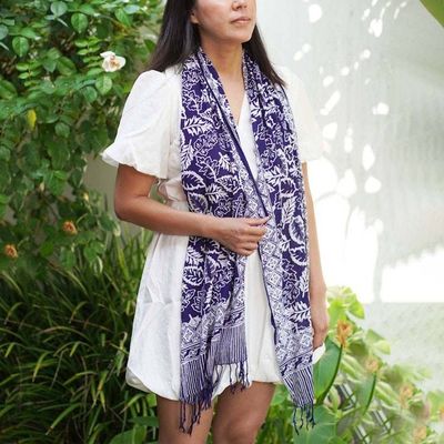 Alternate image for Hand Dyed Batik Scarf, 100% Cotton, Scarves, Bandana, Wrap , Blue Leaves