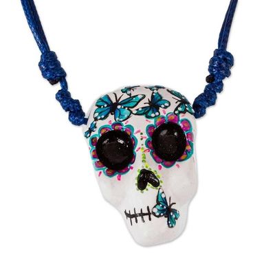 Alternate image for Hand Painted Skull Necklace with Butterflies Blue Butterfly Calavera