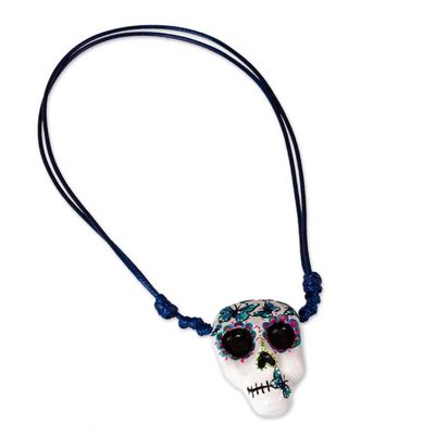 Alternate image for Hand Painted Skull Necklace with Butterflies Blue Butterfly Calavera