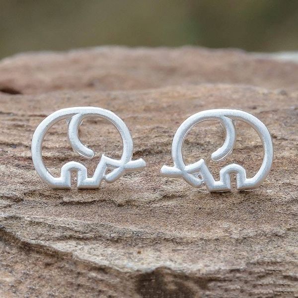 Alternate image for Round Sterling Silver Elephant Stud Earrings from Thailand Cute Tusks