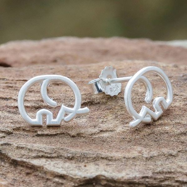 Alternate image for Round Sterling Silver Elephant Stud Earrings from Thailand Cute Tusks
