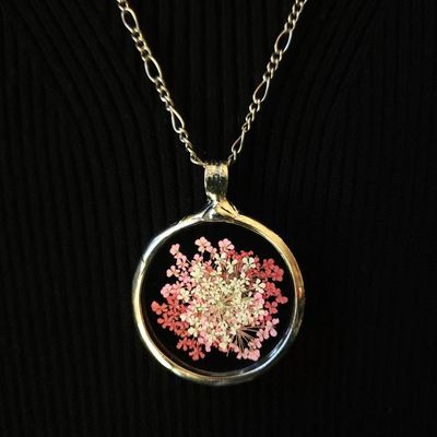 Primary image for Large Pressed Flower Necklace, Pink Queen Annes Lace Pendant, Botanical Glass Jewelry