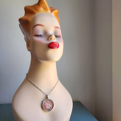 Alternate image for Large Pressed Flower Necklace, Pink Queen Annes Lace Pendant, Botanical Glass Jewelry