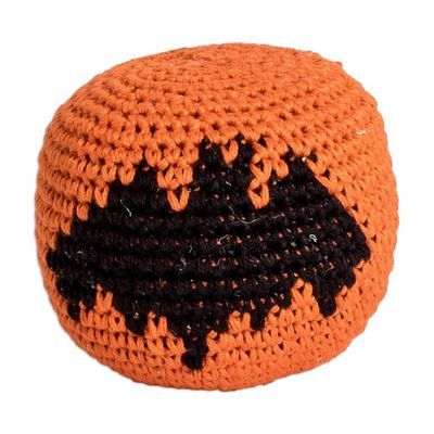 Alternate image for Crocheted Cotton Hacky Sack with Bat Motif in Orange Black Playful Bat