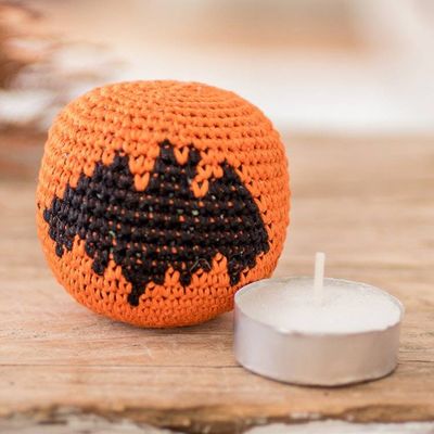 Alternate image for Crocheted Cotton Hacky Sack with Bat Motif in Orange Black Playful Bat