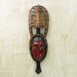 Image for Hand Carved Sese Wood Wall Mask with Peacock from Ghana Tribal Peacock