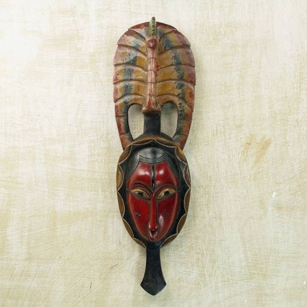 Alternate image for Hand Carved Sese Wood Wall Mask with Peacock from Ghana Tribal Peacock
