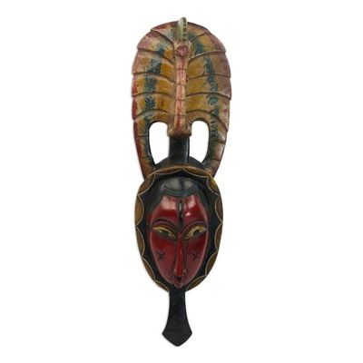 Alternate image for Hand Carved Sese Wood Wall Mask with Peacock from Ghana Tribal Peacock