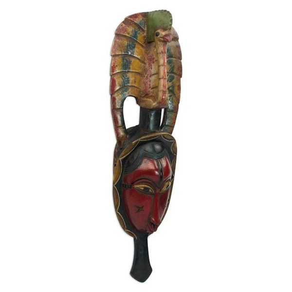 Alternate image for Hand Carved Sese Wood Wall Mask with Peacock from Ghana Tribal Peacock