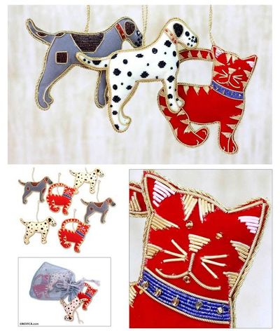 Primary image for Hand Beaded Christmas Ornaments Set of 6 Dogs and Cats