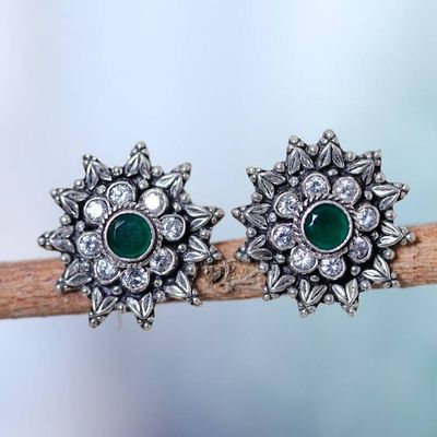 Alternate image for Green Onyx Cubic Zirconia and Silver Floral Drop Earrings Shimmering Blossom
