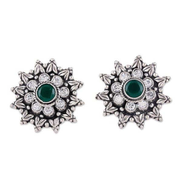 Alternate image for Green Onyx Cubic Zirconia and Silver Floral Drop Earrings Shimmering Blossom