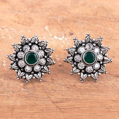 Alternate image for Green Onyx Cubic Zirconia and Silver Floral Drop Earrings Shimmering Blossom