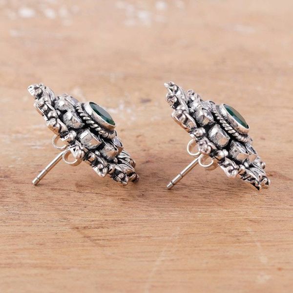 Alternate image for Green Onyx Cubic Zirconia and Silver Floral Drop Earrings Shimmering Blossom