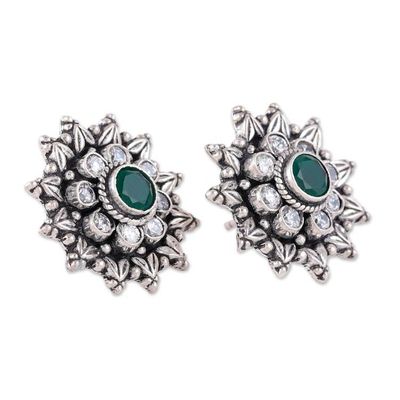 Alternate image for Green Onyx Cubic Zirconia and Silver Floral Drop Earrings Shimmering Blossom