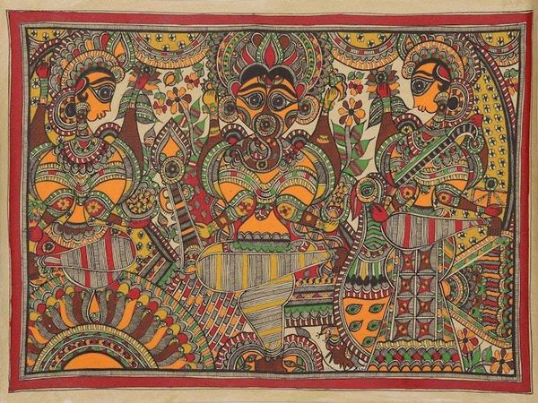 Alternate image for Signed Madhubani Ganesha Painting on Handmade Paper Powerful Ganesha