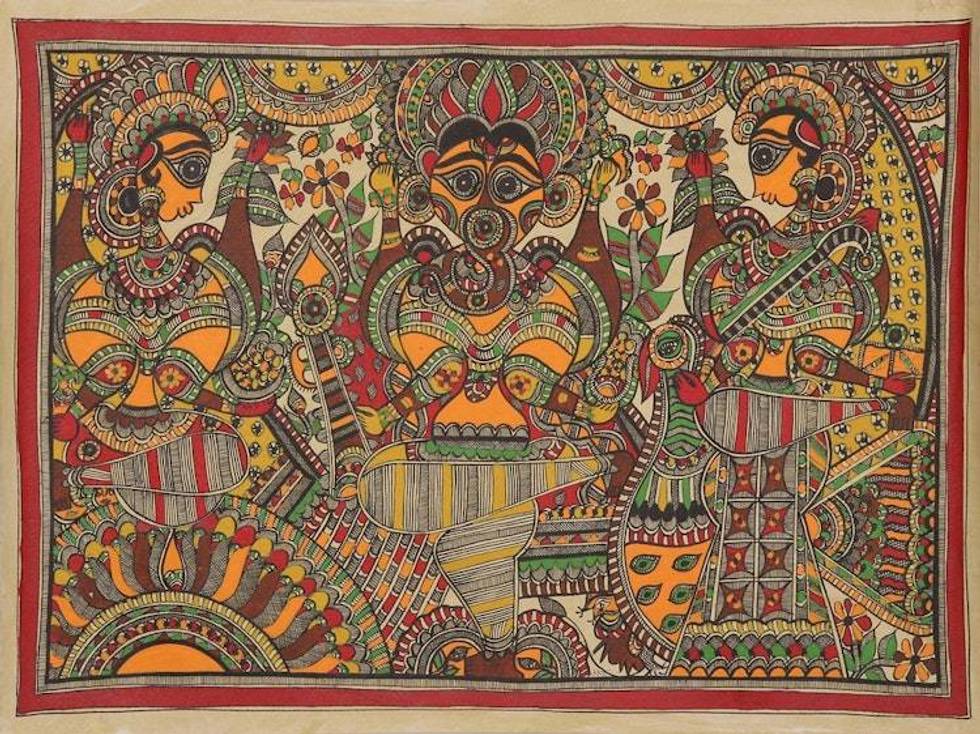 Signed Madhubani Ganesha Painting on Handmade Paper 'Powerful Ganesha'