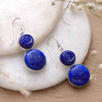 Alternate image for Textured Modern Lapis Lazuli Sterling Silver Dangle Earrings Mystic Blue