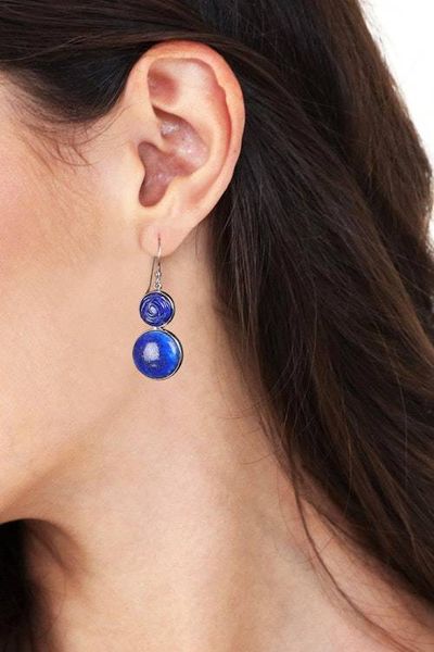 Alternate image for Textured Modern Lapis Lazuli Sterling Silver Dangle Earrings Mystic Blue