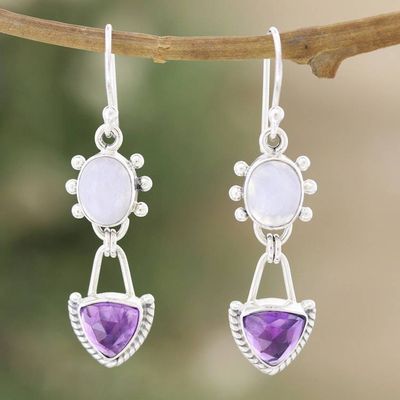 Alternate image for Rainbow Moonstone Dangle Earrings with 5-Carat Amethyst Gems Harmonious Purple