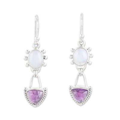 Alternate image for Rainbow Moonstone Dangle Earrings with 5-Carat Amethyst Gems Harmonious Purple
