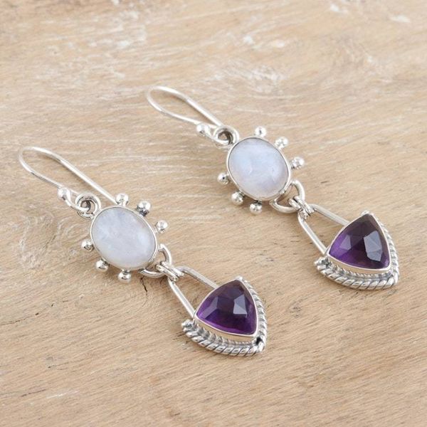 Alternate image for Rainbow Moonstone Dangle Earrings with 5-Carat Amethyst Gems Harmonious Purple