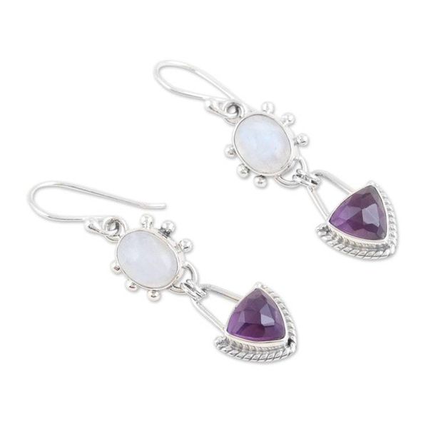 Alternate image for Rainbow Moonstone Dangle Earrings with 5-Carat Amethyst Gems Harmonious Purple