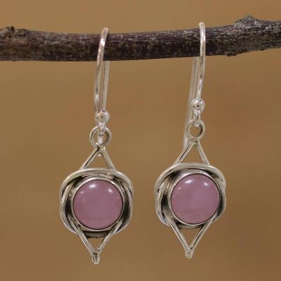 Primary image for Indian Pink Chalcedony and Sterling Silver Dangle Earrings Intricate Twirl in Pink