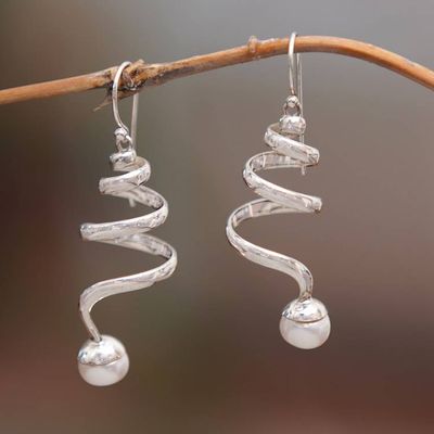 Alternate image for Modern Sterling Silver Dangle Earrings with White Pearls Beautiful Spins