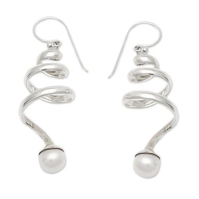 Alternate image for Modern Sterling Silver Dangle Earrings with White Pearls Beautiful Spins