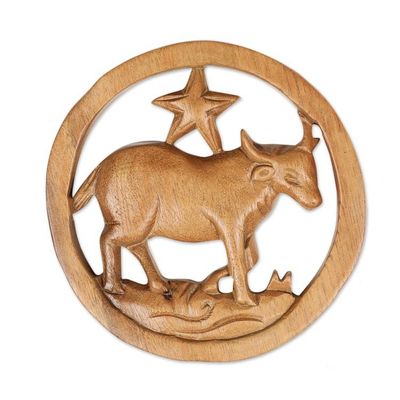 Alternate image for Taurus-Themed Hand-Carved Round Suar Wood Relief Panel Taurus Firmament