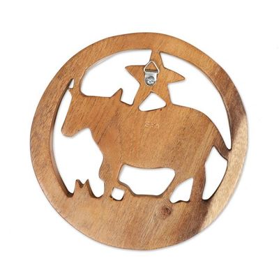 Alternate image for Taurus-Themed Hand-Carved Round Suar Wood Relief Panel Taurus Firmament