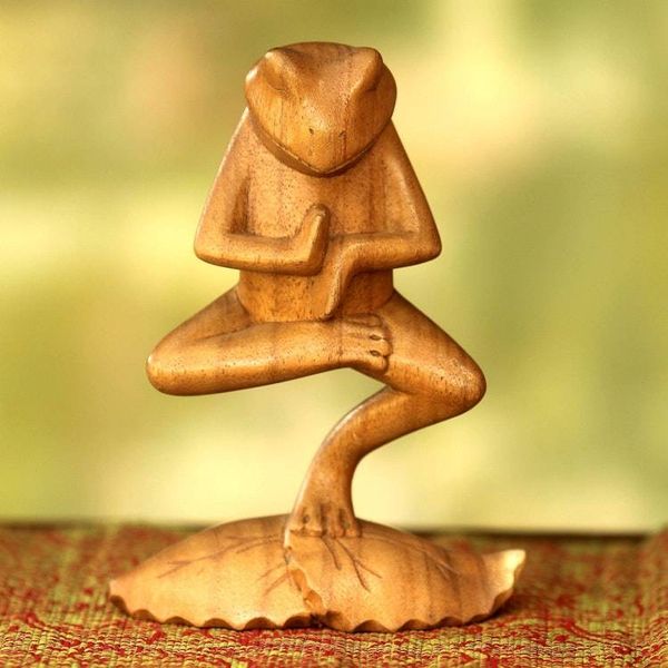 Alternate image for Hand Carved Animal Theme Wood Sculpture Yoga Tree Pose Frog