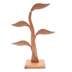 Image for Carved Jempinis Wood Leaf-Themed Jewelry Holder 14 Inch Daun Salam in Brown