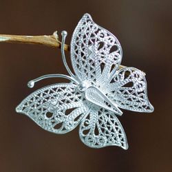 Image for Filigree Butterfly Brooch Pin Handmade in Sterling Silver Catacaos Butterfly