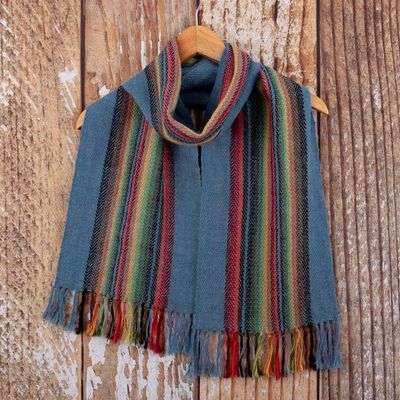 Alternate image for 100 Alpaca Striped and Fringed Scarf Hand-Woven in Peru After The Rain
