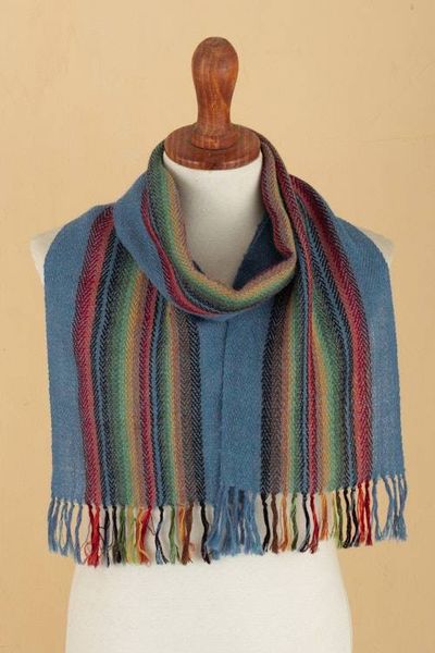 Alternate image for 100 Alpaca Striped and Fringed Scarf Hand-Woven in Peru After The Rain