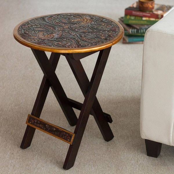 Alternate image for Hardwood Round Folding Table with Handtooled Leather Andean Birds