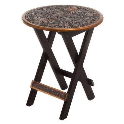 Alternate image for Hardwood Round Folding Table with Handtooled Leather Andean Birds