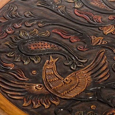 Alternate image for Hardwood Round Folding Table with Handtooled Leather Andean Birds