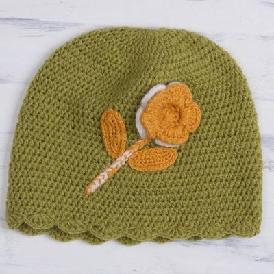 Alternate image for Floral Crocheted Alpaca Blend Hat in Chartreuse from Peru Sweet Blossom