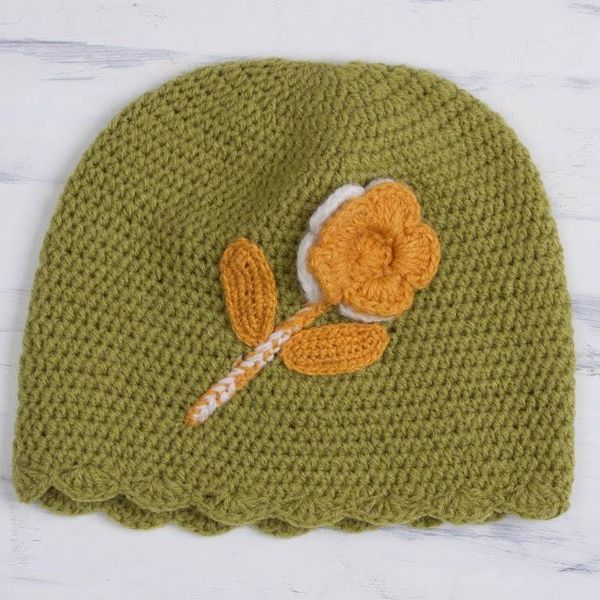 Alternate image for Floral Crocheted Alpaca Blend Hat in Chartreuse from Peru Sweet Blossom