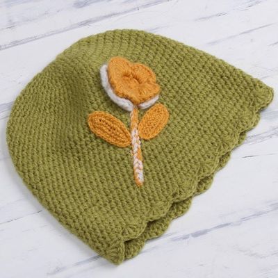Alternate image for Floral Crocheted Alpaca Blend Hat in Chartreuse from Peru Sweet Blossom